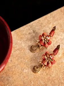 ANIKAS CREATION Red & Gold-Plated Enamelled Classic Drop Earrings