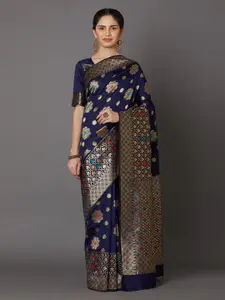 Mitera Navy Blue Silk Blend Woven Design Kanjeevaram Saree