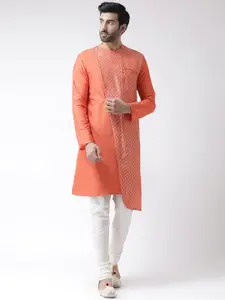 KISAH Men Coral Orange & White Self Design Kurta with Churidar