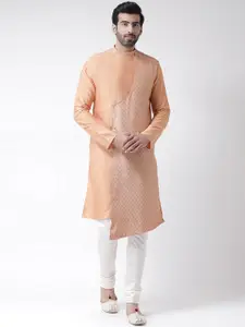 KISAH Men Coral Orange & White Self Design Kurta with Churidar