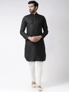 KISAH Men Black & White Solid Kurta with Churidar