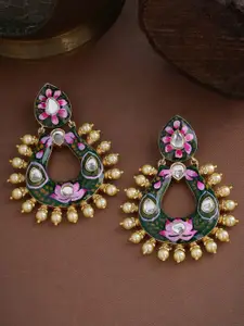 Tistabene Green & Pink Gold-Plated Meenakari Pearl Studded Classic Drop Earrings