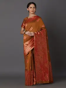 Mitera Rust Orange & Red Silk Blend Woven Design Kanjeevaram Saree