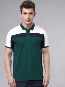LOCOMOTIVE Men Olive Green  White Colourblocked Polo Pure Cotton T-shirt