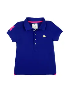 Cherry Crumble Girls Blue Self Design Polo Collar T-shirt