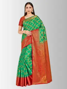 Mitera Green & Orange Art Silk Woven Design Kanjeevaram Saree