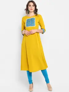 Janasya Women Yellow & Blue Printed A-Line Kurta