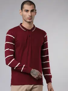 LOCOMOTIVE Men Maroon Striped Slim Fit Polo Collar T-shirt
