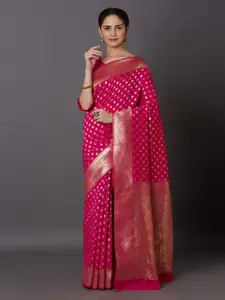 Mitera Pink & Gold-Toned Silk Blend Woven Design Kanjeevaram Saree