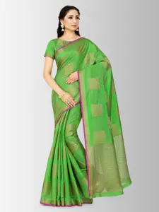 Mitera Green & Gold-Toned Art Silk Checked Kanjeevaram Saree