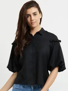 109F Women Black Solid Shirt Style Pure Cotton Top