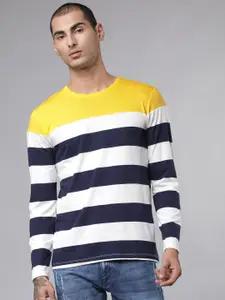 LOCOMOTIVE Men Mustard Yellow & Navy Blue Striped Round Neck T-shirt
