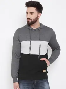 Adobe Men Charcoal Grey & Black Colourblocked Hooded Sweatshirt