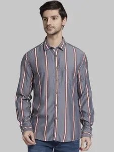 Parx Men Grey & Red Slim Fit Striped Casual Shirt