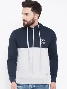 Adobe Men Navy Blue & Grey Melange Colourblocked Hooded Sweatshirt