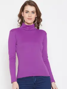Hypernation Women Purple Solid Turtle Neck Pure Cotton T-shirt