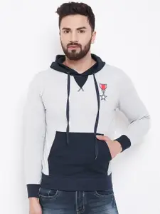 Adobe Men Grey Melange & Navy Blue Colourblocked Hooded Sweatshirt