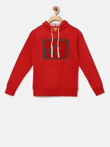 Instafab Boys Red Printed Hooded Sweatshirt