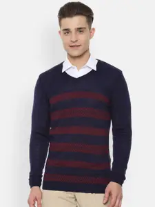 Van Heusen Men Navy Blue Striped Pullover Sweater