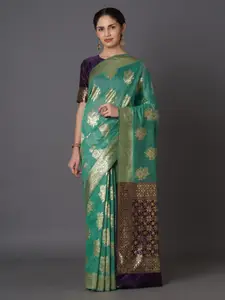 Mitera Sea Green & Gold-Coloured Silk Blend Woven Design Kanjeevaram Saree