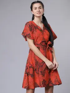 Tokyo Talkies Women Red Snakeskin Printed Wrap Dress