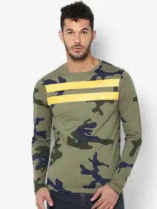 Urbano Fashion Men Olive Green Camouflage Printed Round Neck Pure Cotton T-shirt