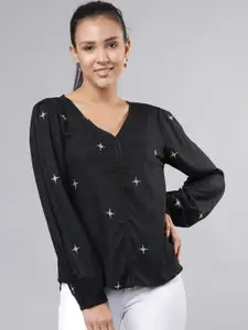 Tokyo Talkies Women Black Embroidered A-Line Top