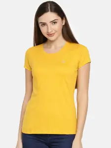 TWIN BIRDS Women Yellow Solid Round Neck Slim Fit Pure Cotton T-shirt