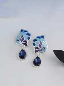 Voylla Silver-Plated & Blue Handcrafted Peacock Shaped Drop Earrings