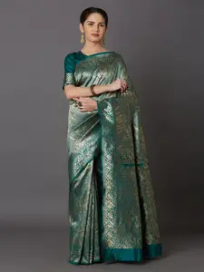 Mitera Teal Green & Gold-Toned Silk Blend Woven Design Kanjeevaram Saree