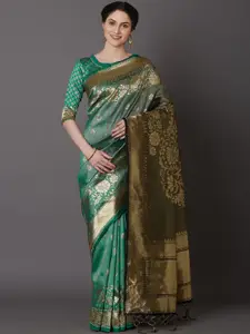Mitera Teal  & Gold-Coloured Silk Blend Woven Design Kanjeevaram Saree