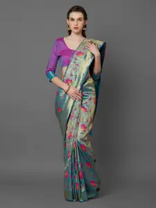 Mitera Turquoise Blue & Purple Silk Blend Woven Design Kanjeevaram Saree