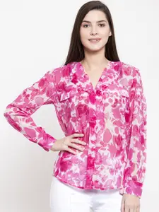 Purple State Women Pink & White Printed Shirt Style Top