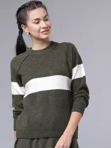 Tokyo Talkies Women Olive Green & White Colourblocked Pullover Sweater