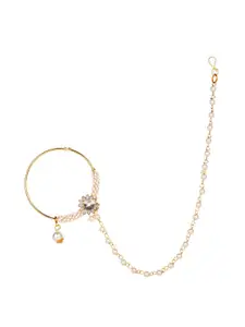 ANIKAS CREATION Gold-Plated & White Beaded Embellished Chained Vilandi Clip-On Nose Ring