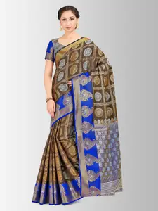 MIMOSA Coffee Brown & Blue Art Silk Embellished Kanjeevaram Saree