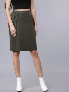 Tokyo Talkies Women Olive Green Solid Pencil Slim-Fit Skirt