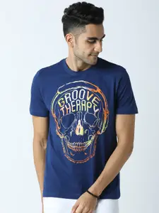 Huetrap Men Blue Printed Round Neck T-shirt