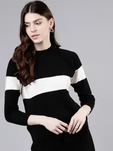 Tokyo Talkies Women Black & White Colourblocked Pullover Sweater