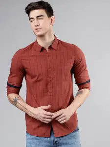 HIGHLANDER Men Rust & Navy Blue Slim Fit Checked Casual Shirt