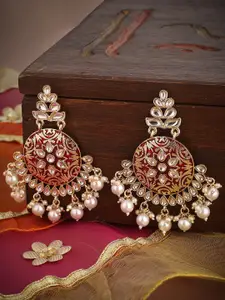 Shoshaa Red & Gold-Plated Kundan Classic Drop Earrings