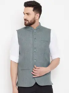 even Men Grey Solid Woven Pure Wool Nehru Jacket