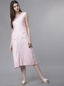 Tokyo Talkies Women Pink & White Striped Fit and Flare Dress