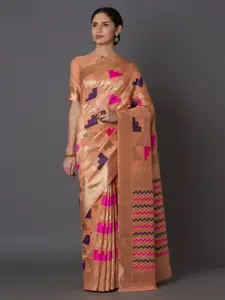 Mitera Peach-Coloured Silk Blend Woven Design Kanjeevaram Saree