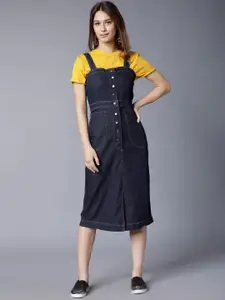 Tokyo Talkies Women Navy Blue Solid Denim Pinafore Dress
