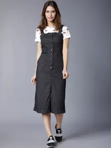 Tokyo Talkies Women Black Solid Denim Pinafore Dress