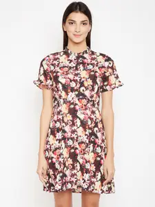 Oxolloxo Women Maroon Floral Printed Fit and Flare Dress