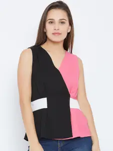 Imfashini Women Black & Pink Colourblocked Wrap Top