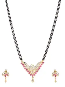 PANASH Gold-Plated  & Pink Cubic Zirconia Stone-Studded Mangalsutra With Earrings