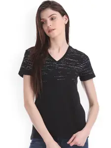 Flying Machine Women Black Printed V-Neck Pure Cotton T-shirt